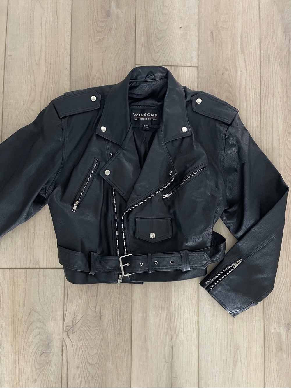 Wilson Black Cropped Moto Leather Jacket with Belt